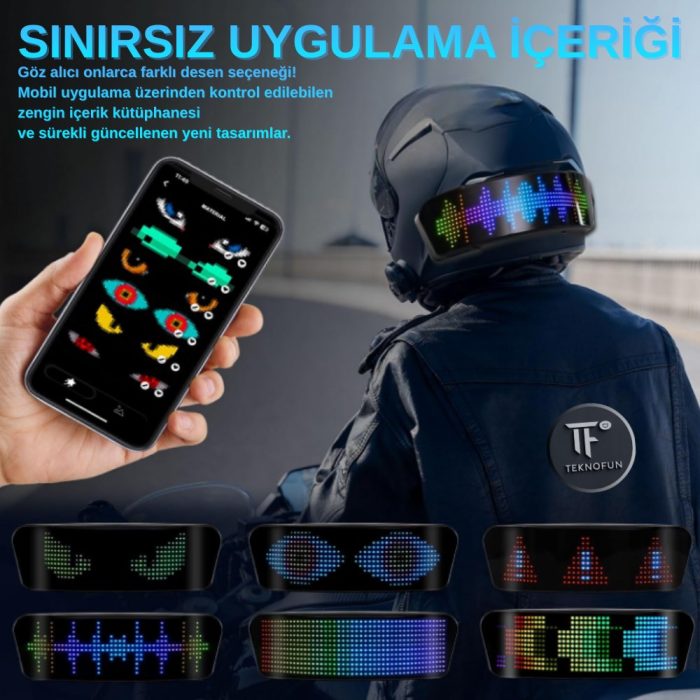 TeknoFun Akıllı Kask LED Ekranı - Bluetooth APP Kontrollü Sinyal ve Hız Göstergeli - 1 ADET - Görsel 4