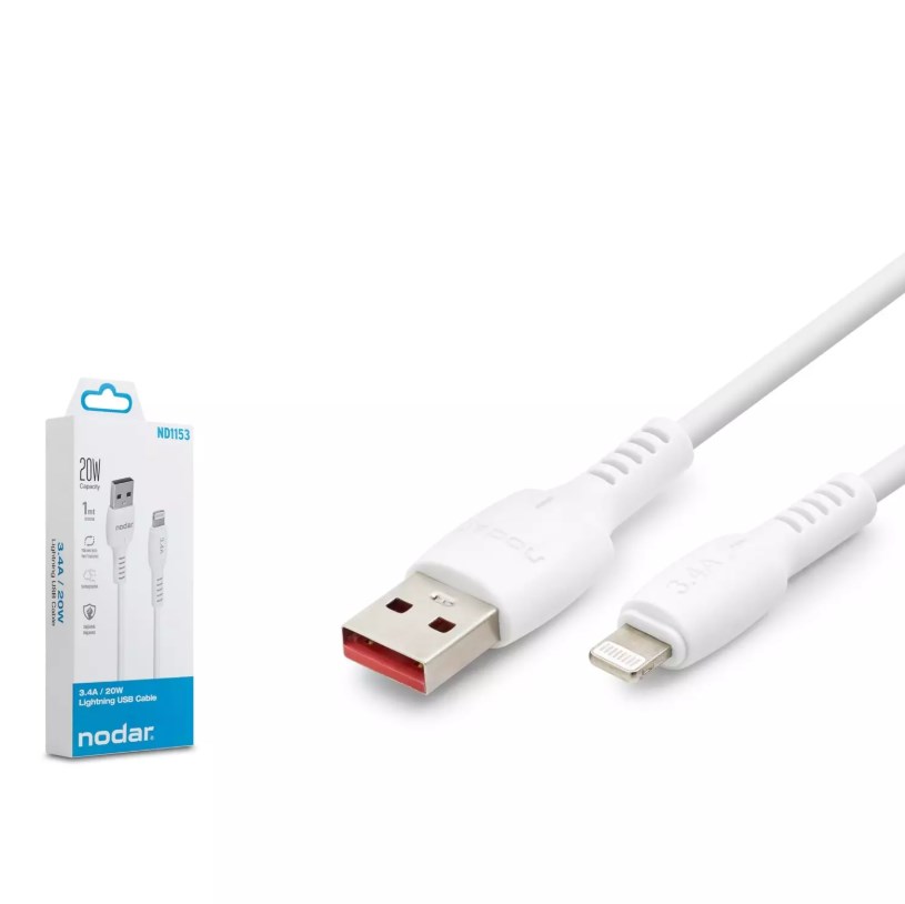 91b8e7e437d344c8bad51d0fe50c092b.jpg Nodar ND1153 USB to Lightning Kablo 3.4A 20W 1 Metre Beyaz - Görsel 1