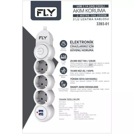 Fly 3393-01 Termal Akım Korumalı 3'lü Priz 2 USB Girişli 2 Metre - Beyaz