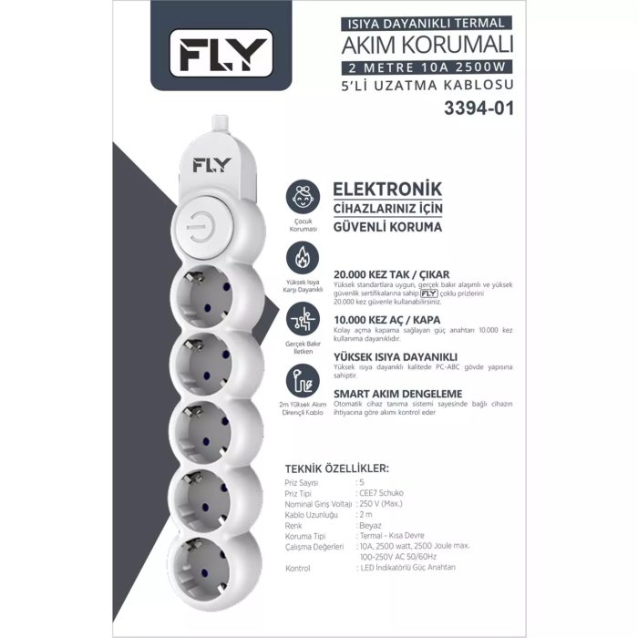 FLY 3394-01 Termal Akım Korumalı 5 Prizli Anahtarlı Kablo 2 Metre - Görsel 2